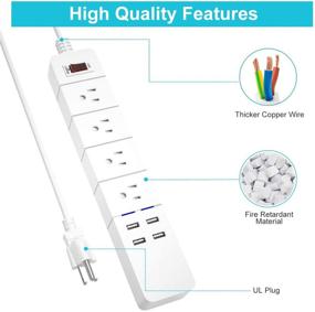 img 2 attached to 💡 Быстрозарядная полоска питания USB с 4 портами USB и 4 розетками, 5,5 фута белого кабеля, защита 1875 Вт / 15 А для настольного компьютера, дома, офиса и ночного столика - Duvik