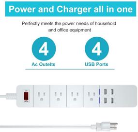 img 3 attached to 💡 Быстрозарядная полоска питания USB с 4 портами USB и 4 розетками, 5,5 фута белого кабеля, защита 1875 Вт / 15 А для настольного компьютера, дома, офиса и ночного столика - Duvik