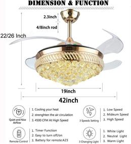 img 2 attached to 🌟 Gold Crystal Ceiling Fan with Retractable Blades - Longer Lighting Fandelier 42" with Remote, Silent Motor, Modern Chandelier Fans for Living Room Bedroom Restaurant