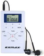 📻 exmax e108 mini wireless fm radio receiver with dsp stereo, lcd clock and earbuds - white logo