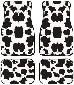 img 2 attached to UNICEU White Cow Animal Print Auto Accessories Bundle – Universal Front Bucket Seat Covers, Car Steering Wheel Cover, Carpet Floor Mats, Seat Belt Pads, Armrest Pad, Windshield Sunshade – Fits Most Cars
