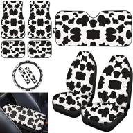 uniceu white cow animal print auto accessories bundle – universal front bucket seat covers, car steering wheel cover, carpet floor mats, seat belt pads, armrest pad, windshield sunshade – fits most cars logo