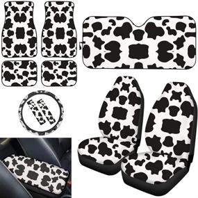 img 4 attached to UNICEU White Cow Animal Print Auto Accessories Bundle – Universal Front Bucket Seat Covers, Car Steering Wheel Cover, Carpet Floor Mats, Seat Belt Pads, Armrest Pad, Windshield Sunshade – Fits Most Cars
