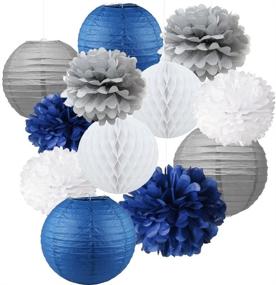 img 2 attached to 🎉 12-Piece Assorted Navy Blue Gray White Party Tissue Pom Poms Flower Hanging Paper Lantern Honeycomb Balls - Nautical Themed Vintage Wedding Birthday Baby Shower Nursery Decoration