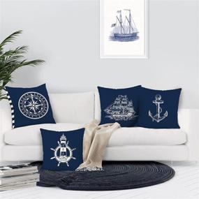 img 1 attached to 🌊 Nautical Navy Blue Throw Pillow Covers - Set of 4, 18 x 18 Inch - Anchor, Lighthouse, Sailboat, Compass Decorative Pillow Cases - Linen Cushion Covers for Sofa, Couch, Car, Home Decor