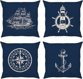 img 4 attached to 🌊 Nautical Navy Blue Throw Pillow Covers - Set of 4, 18 x 18 Inch - Anchor, Lighthouse, Sailboat, Compass Decorative Pillow Cases - Linen Cushion Covers for Sofa, Couch, Car, Home Decor