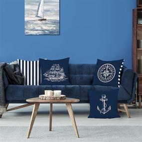 img 2 attached to 🌊 Nautical Navy Blue Throw Pillow Covers - Set of 4, 18 x 18 Inch - Anchor, Lighthouse, Sailboat, Compass Decorative Pillow Cases - Linen Cushion Covers for Sofa, Couch, Car, Home Decor