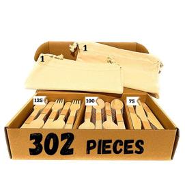 img 4 attached to 🌱 Dharma's Path Eco-Friendly Wooden Cutlery Set: 300-Pack + Bonus Reusable Bags. Biodegradable & Compostable Utensils with 125 Forks, 100 Spoons, and 75 Knives.