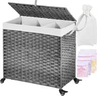 🧺 large 125l greenstell laundry hamper with wheels and lid - 3 sections clothes hamper with 2 removable liner bags, 5 mesh laundry bags - handwoven divided laundry basket for bedroom - gray - ideal for clothes and toys логотип