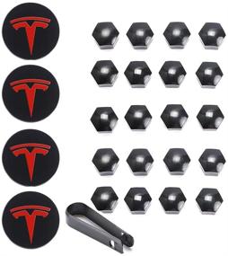 img 3 attached to 🔴 Red ROCCS Aero Wheel Cap Kit with Center Logo Emblem Modification Hub Cover, including Hub Nut Cap and Lug Nut Cover for Tesla Model 3 S X