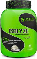 протеиновый порошок species nutrition isolyze на основе сывороточного протеина - 100% изолят сывороточного протеина для набора мышц - 27,5 г протеина в одной порции - без сахара и низким содержанием жира - ванильный мороженый вкус - 44 порции. логотип