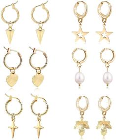 img 4 attached to 👂 Pack of 6 Gold Hoop Earrings Sets for Women and Girls with Sensitive Ears - Teen Star Earrings Set - Huggie Spike Hoop Earrings - Women's Dangle Charm Earrings