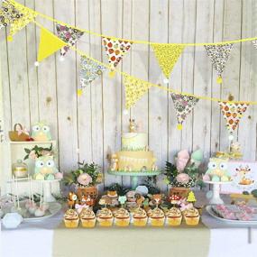 img 2 attached to 🎉 Vintage Floral Pom Pom Cotton Triangle Bunting Flags - Yellow Fabric Banner Kit for Home Décor, Birthday Parties, Baby Shower, Festivals, Nursery, Outdoor Hanging Decoration - 4M/13Ft