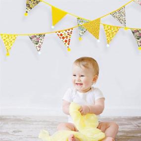 img 1 attached to 🎉 Vintage Floral Pom Pom Cotton Triangle Bunting Flags - Yellow Fabric Banner Kit for Home Décor, Birthday Parties, Baby Shower, Festivals, Nursery, Outdoor Hanging Decoration - 4M/13Ft
