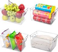 🌟 large refrigerator organizer bins - set of 4 clear plastic storage boxes with handles | stackable fridge, pantry, bathroom, bedroom, cabinet, cupboard, and freezer organizer bins | bpa free логотип