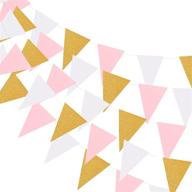 merrynine triangle flag bunting banner: vintage style pennant banner for weddings, baby 🎉 showers, and events - 3 pack, 30 feet, 45pcs flags (pink white gold glitter) logo