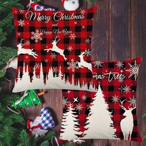 img 2 attached to 🎄 Arokibui Red Christmas Pillow Covers 18x18 Set of 4 - Truck Elk Moose Tree Christmas Throw Pillow Covers for Winter Holiday Decoration - Plaid Farmhouse Decor - Christmas Cushion Cases