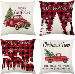 img 4 attached to 🎄 Arokibui Red Christmas Pillow Covers 18x18 Set of 4 - Truck Elk Moose Tree Christmas Throw Pillow Covers for Winter Holiday Decoration - Plaid Farmhouse Decor - Christmas Cushion Cases