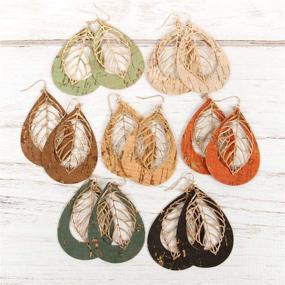 img 1 attached to Delicate Lightweight Cork Earrings - Bohemian Geometric Filigree Cutout Petal Leaf, Teardrop, Floral Print Feather Fringe Dangles