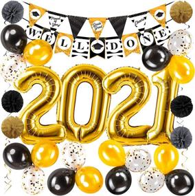 img 4 attached to 2021 Graduation Party Supplies Kit - 45pc - Black &amp; Gold Graduation 🎓 Decorations 2021 Balloons, Props, Graduation Banner, Pompoms, Swirls - Value Pack for The Graduate