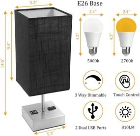 img 1 attached to 🔌 Set of 2 Touch Control Table Lamps - 3-Way Dimmable Bedside Lamps with 2 USB Ports & AC Outlet - Night Light Lamps with Black Fabric Shades for Living Room, Bedroom - Small Table Lamps with 4 Bulbs