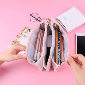 img 3 attached to Large Capacity 3-Layer Pencil Case with Zipper, Stationery Organizer, Big Pen Bag, Canvas Makeup Cosmetic Bag, Pen Box for Women - iSuperb