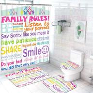 🚿 family rules shower curtain set - 4 piece with non-slip rugs, toilet lid cover, and bath mat | kids educational design with 12 hooks | durable waterproof fabric for bathroom logo