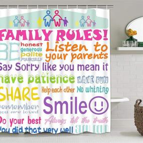 img 3 attached to 🚿 Family Rules Shower Curtain Set - 4 Piece with Non-Slip Rugs, Toilet Lid Cover, and Bath Mat | Kids Educational Design with 12 Hooks | Durable Waterproof Fabric for Bathroom