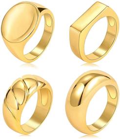 img 4 attached to Set of 4 Gold Chunky Dome Rings for Women, 18K Real Gold Signet Polished Round Stacking Minimalist Ring - Sizes 5-10