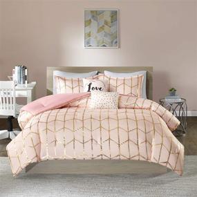 img 4 attached to 🛏️ Modern Trendy Full/Queen Comforter Set - Intelligent Design Raina Metallic Print Geometric Design - All Season Bedding Set with Matching Sham and Decorative Pillow - Blush/Gold - 5 Piece