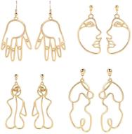 👂 mookoo 4 pair hollow picasso hand geometric statement earrings for girls teens women - gold face earrings with abstract design logo