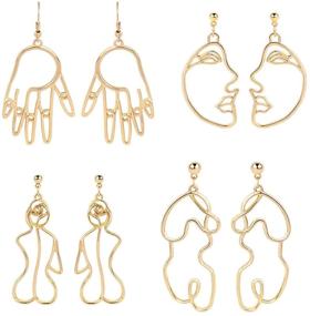 img 4 attached to 👂 MOOKOO 4 Pair Hollow Picasso Hand Geometric Statement Earrings for Girls Teens Women - Gold Face Earrings with Abstract Design