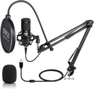 professional usb microphone kit - cardioid condenser mic with boom arm stand, pop filter, and audio card 🎙️ - ideal for ps4 gaming, streaming, podcasting, studio recording, youtube - compatible with windows, mac, pc - pyle pdmikt140, black logo