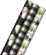 🎁 premium hallmark black christmas wrapping paper bundle: 3 rolls with cut lines (120 sq. ft.) - retro santa, buffalo plaid, train and trees designs logo