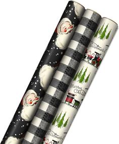 img 4 attached to 🎁 Премиальный бандл черной рождественской упаковочной бумаги Hallmark: 3 рулона с линиями для резки (120 кв. фт.) - дизайны ретро Санта, клетчатая буффало, поезд и деревья.