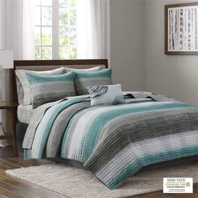 img 3 attached to 🛏 Madison Park Essentials Cozy Bed in A Bag Reversible Quilt with Complete Cotton Sheet Set - Geometric Design All Season Cover, Decorative Pillow - Queen Size (90"x90"), Saben, Stripes Aqua