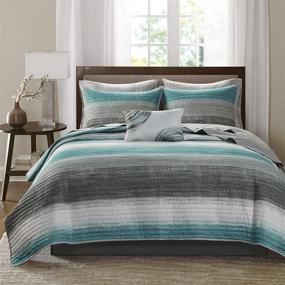 img 4 attached to 🛏 Madison Park Essentials Cozy Bed in A Bag Reversible Quilt with Complete Cotton Sheet Set - Geometric Design All Season Cover, Decorative Pillow - Queen Size (90"x90"), Saben, Stripes Aqua