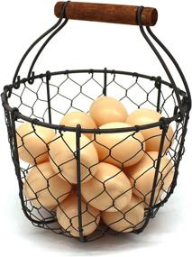 img 3 attached to 🍳 CVHOMEDECO Chicken Wire Rusty Egg Basket with Wooden Handle - Primitives Vintage Gathering Basket (Round) - Fruit Basket