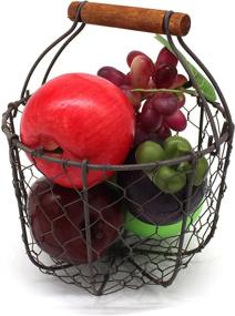 img 2 attached to 🍳 CVHOMEDECO Chicken Wire Rusty Egg Basket with Wooden Handle - Primitives Vintage Gathering Basket (Round) - Fruit Basket