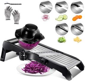 img 4 attached to 🔪 Premium Adjustable Mandoline Slicer - 3 in 1 Stainless Steel Kitchen Tool for Effortless Food Slicing, Julienne and Chopping - Paper-Thin to 9mm Thickness - Includes Safety Gloves and Brush