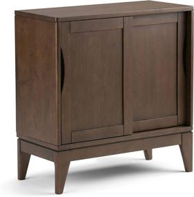 img 3 attached to SimpliHome Harper Solid Wood Mid Century Modern Low Storage Cabinet in Walnut Brown - 30 inch Wide with Large Space Behind 2 Sliding Notched Handle Doors and 2 Adjustable Shelves