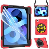 zenrich red ipad air 4 10.9 2020 case + screen protector | heavy duty shockproof stand, hand strap, shoulder belt | for ipad 10.9 inch/ipad pro 11 inch 2020/2018 logo