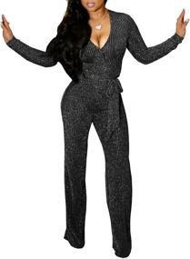 img 3 attached to Sparkling Seductress: Women's Deep 🔥 V Neck Long Sleeve Jumpsuits with Belt
