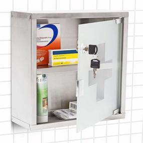 img 2 attached to 🏥 Stainless Steel and Frosted Glass Wall Mount Medical Cabinet - First Aid Locker with Locking Door, 2 Shelves for Medicine and Bandages. Convenient Wall Storage Container 12 x 5 x 5 inch.