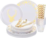 🎄 premium isfangco christmas dinnerware set - 175pcs white and gold plates, gold disposable silverware, clear cups and paper straws - perfect for christmas party, serves 25 guests logo