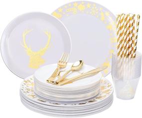 img 4 attached to 🎄 Premium isfangco Christmas Dinnerware Set - 175PCS White and Gold Plates, Gold Disposable Silverware, Clear Cups and Paper Straws - Perfect for Christmas Party, Serves 25 Guests