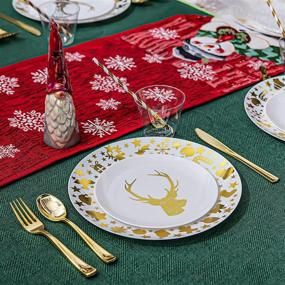 img 1 attached to 🎄 Premium isfangco Christmas Dinnerware Set - 175PCS White and Gold Plates, Gold Disposable Silverware, Clear Cups and Paper Straws - Perfect for Christmas Party, Serves 25 Guests