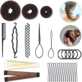 img 4 attached to 💇 Hair Styling Set with 3 Pieces Hair Braid Tool, 2 Pieces Donut Hair Bun Tool, 15 Pieces French Magic Twist Hairstyle Clip Rollers, 5 Pieces U-shaped Hair Pins, and 5 Pieces Hair Ropes for Women and Girls