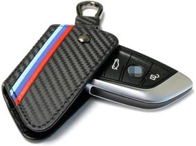 img 1 attached to 🔑 iJDMTOY M-Colored Stripe Black Carbon Fiber Pattern Leather Key Holder for BMW X1, X4, X5, X6, 5 Series & 7 Series Remote Fobs