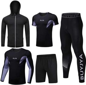 img 4 attached to Ultimate Performance: BUYJYA 5Pcs Men's Compression Pants Shirt Top Long Sleeve Jacket Athletic Sets - Premium Gym Clothing for Men's Workouts